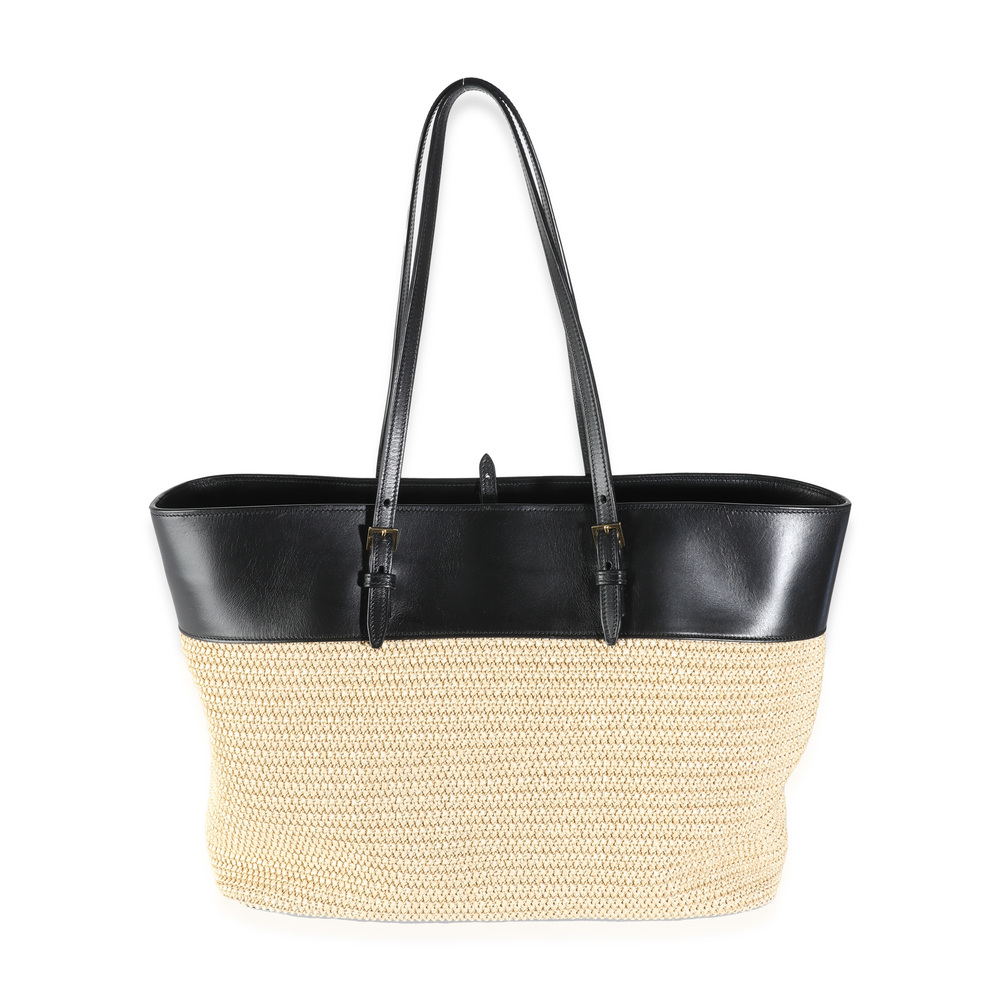 Saint Laurent Black Leather Beige Raffia Medium Boucle Shopper Tote - Picture 4 of 7